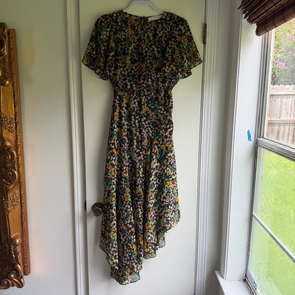 ASTR The Label Floral Handkerchief Hem Midi Dress Black Gold Lurex XS ADR100436